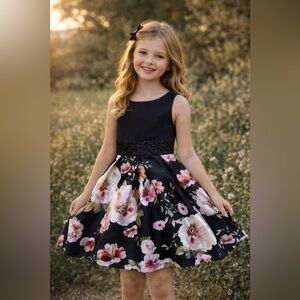 8 - BONNIE JEAN - Black Dress with Pink Floral Skirt And sequin